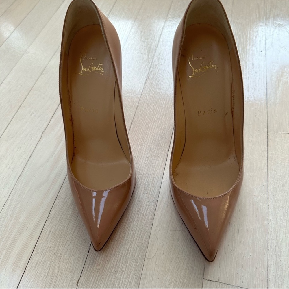 Christian Louboutin Pigalle Follies Patent Leather Pumps 37.5 Beige - Picture 3 of 9